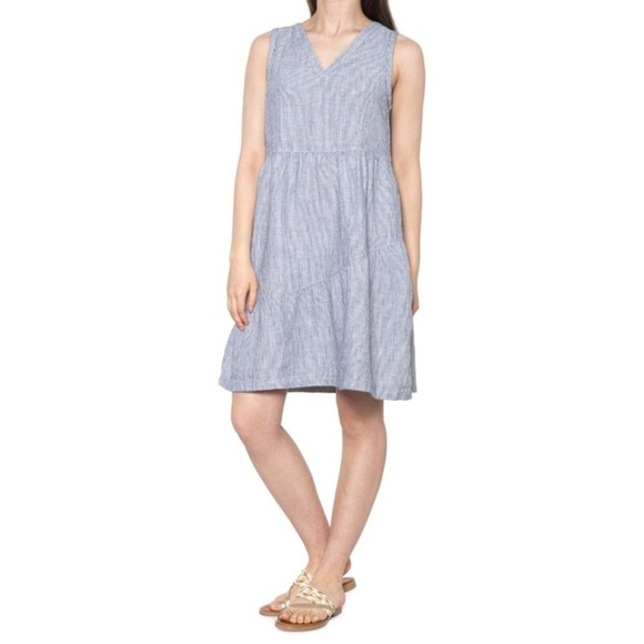 Lucky Brand V-Neck Asymmetrical Tiered Short Dress 100% Linen Sleeveless 362sn M - Picture 1 of 5